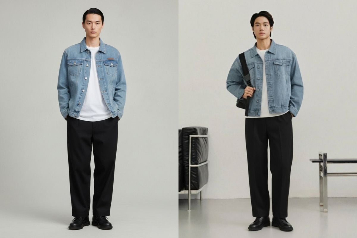 Phối quần tây nam với áo khoác denim