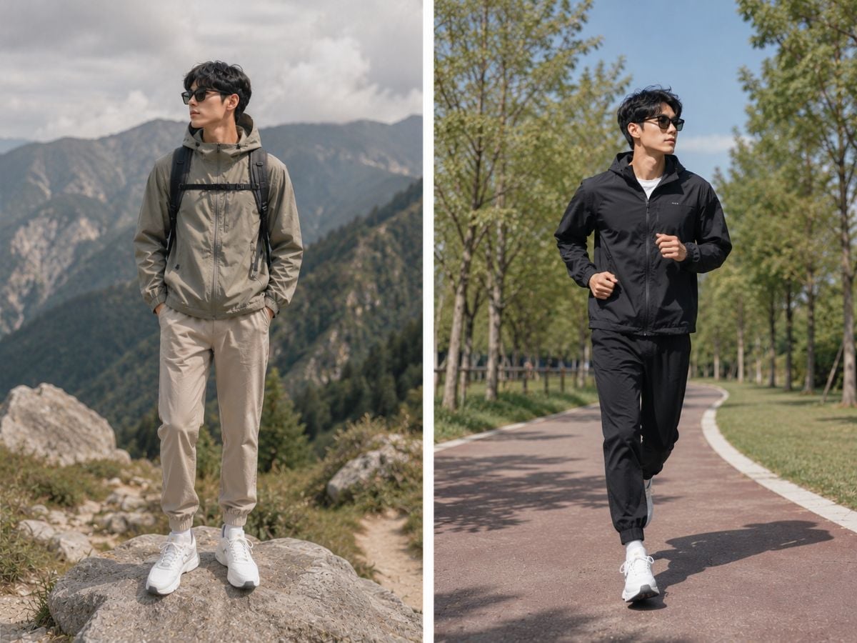 Áo khoác gió và jogger phù hợp di chuyển ngoài trời, tiện lợi và gọn gàng