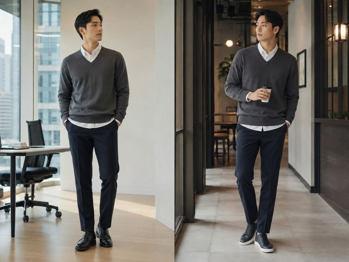 Cách mặc áo sweater cổ tim layer cùng áo sơ mi trắng bên trong