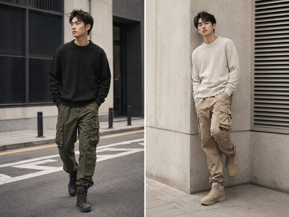 Nam mặc sweater trơn phối quần cargo túi hộp và giày cao cổ
