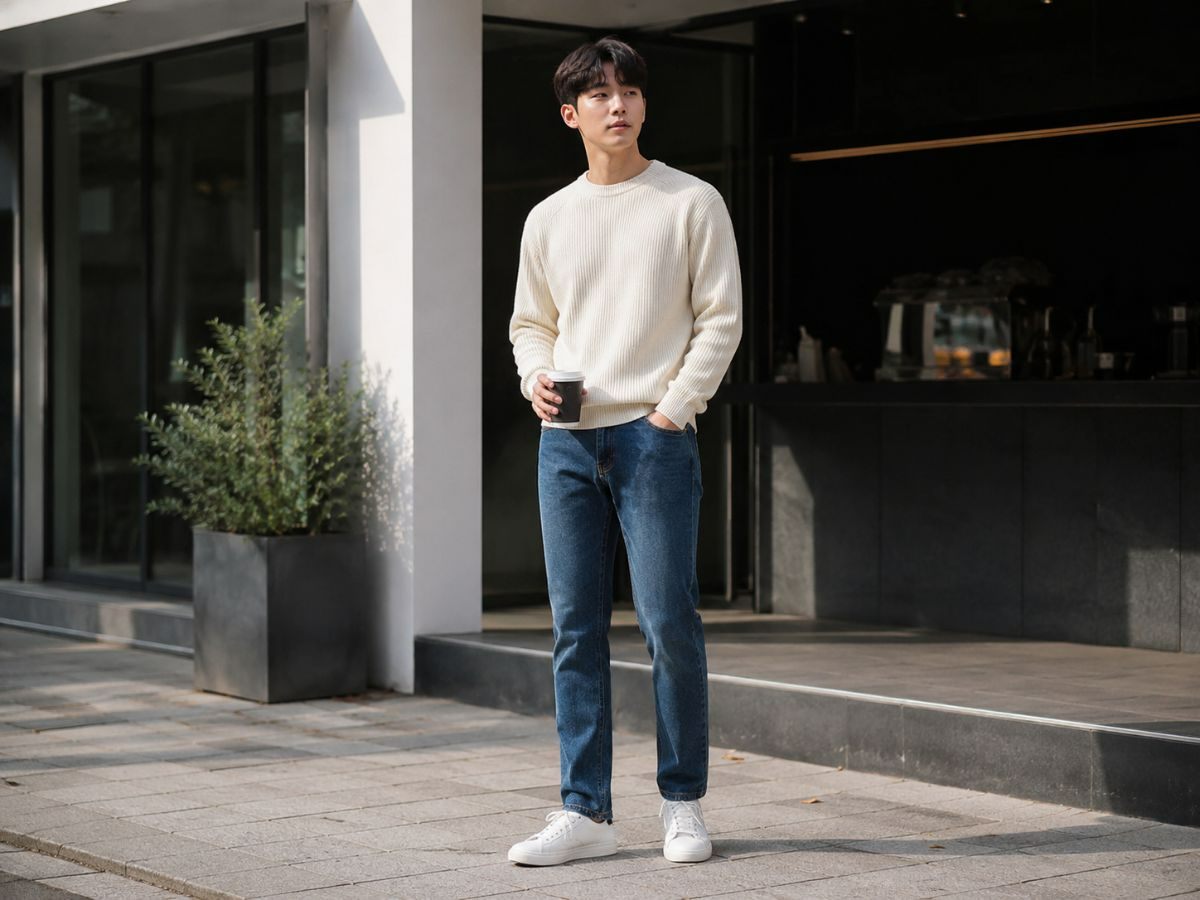 Cách phối áo sweater với quần jeans xanh và sneaker trắng cho nam