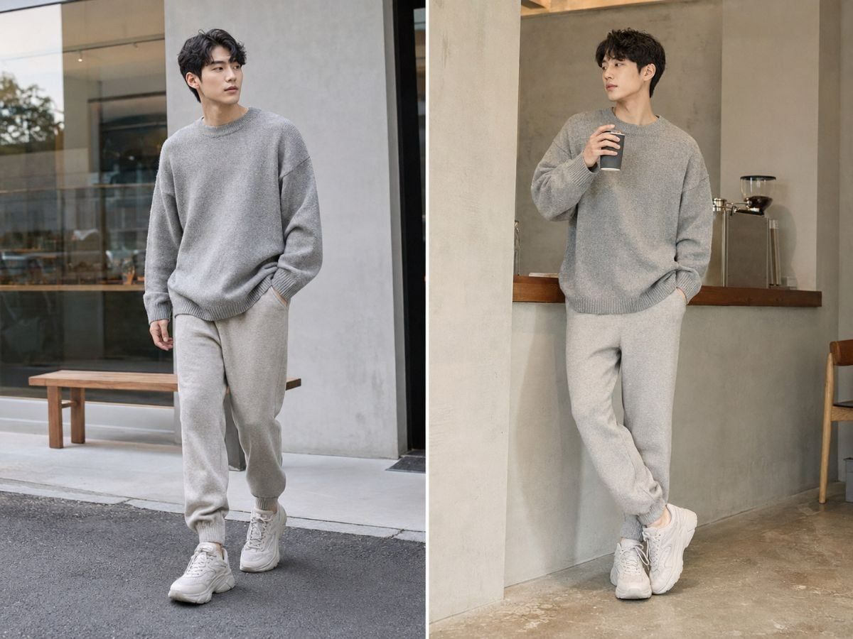 Cách phối áo sweater form rộng với quần jogger cùng tông cho nam