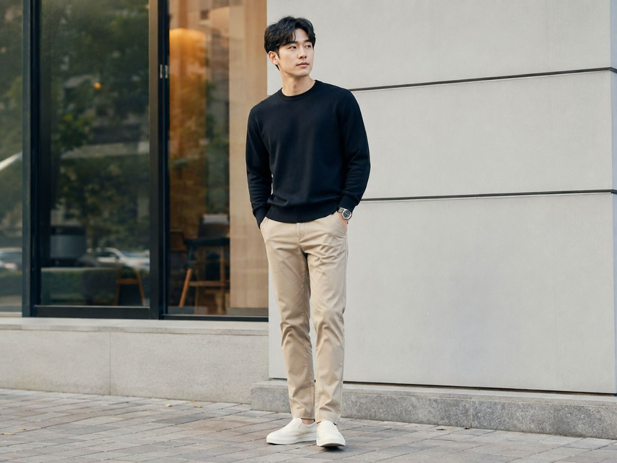 Cách phối áo sweater tối màu với quần kaki be cho nam