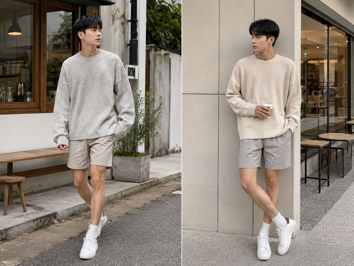 Cách phối áo sweater rộng với quần short cho ngày trời mát