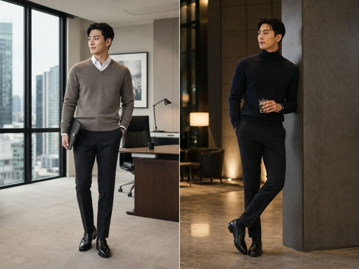 Phối áo sweater cổ tim với quần tây và giày da theo phong cách smart casual