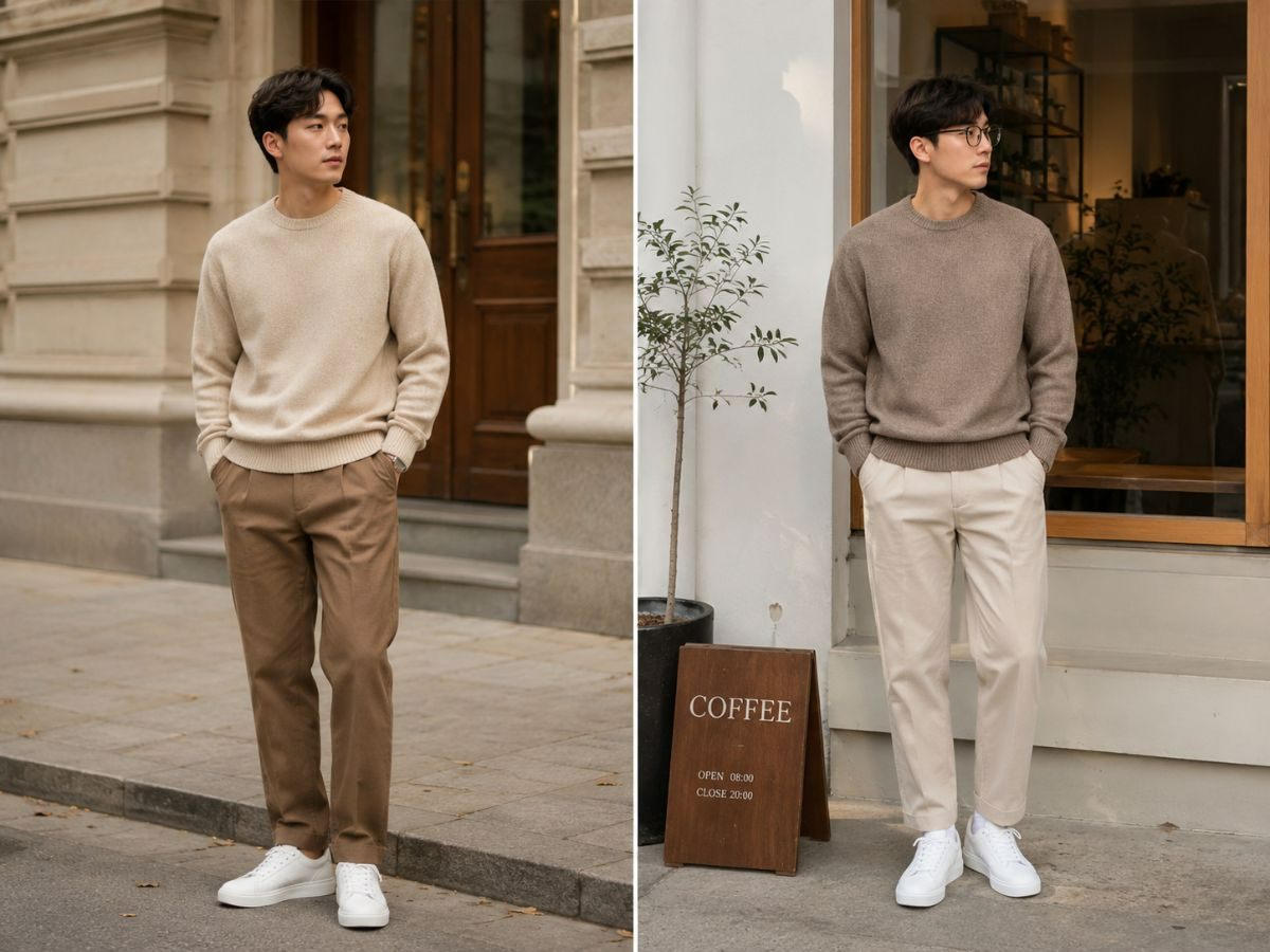 Phối áo sweater be với quần kaki nâu nhạt theo lối tone sur tone
