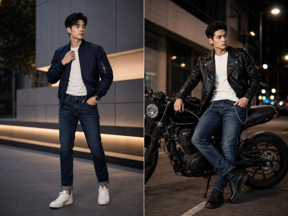 Áo khoác da hoặc bomber giúp set jean áo thun mạnh mẽ hơn