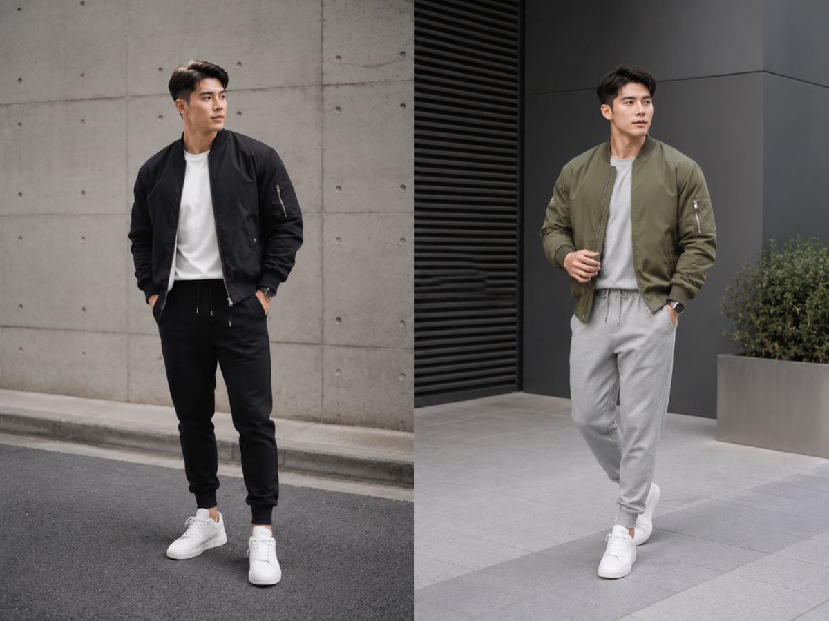 Bomber và jogger đồng điệu ở chi tiết bo chun, tạo vẻ ngoài nam tính