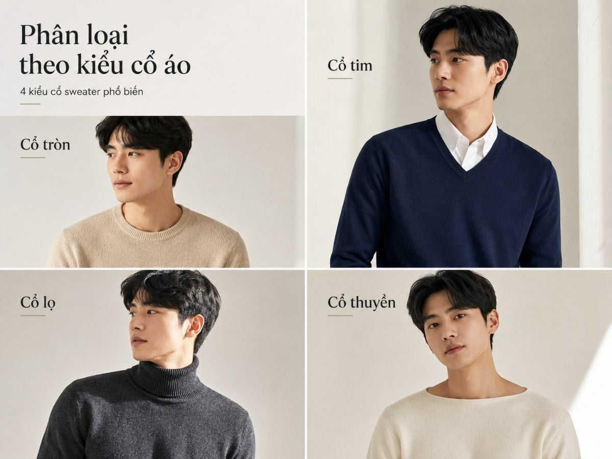 Các loại áo sweater theo kiểu cổ: cổ tròn, cổ tim, cổ lọ, cổ thuyền