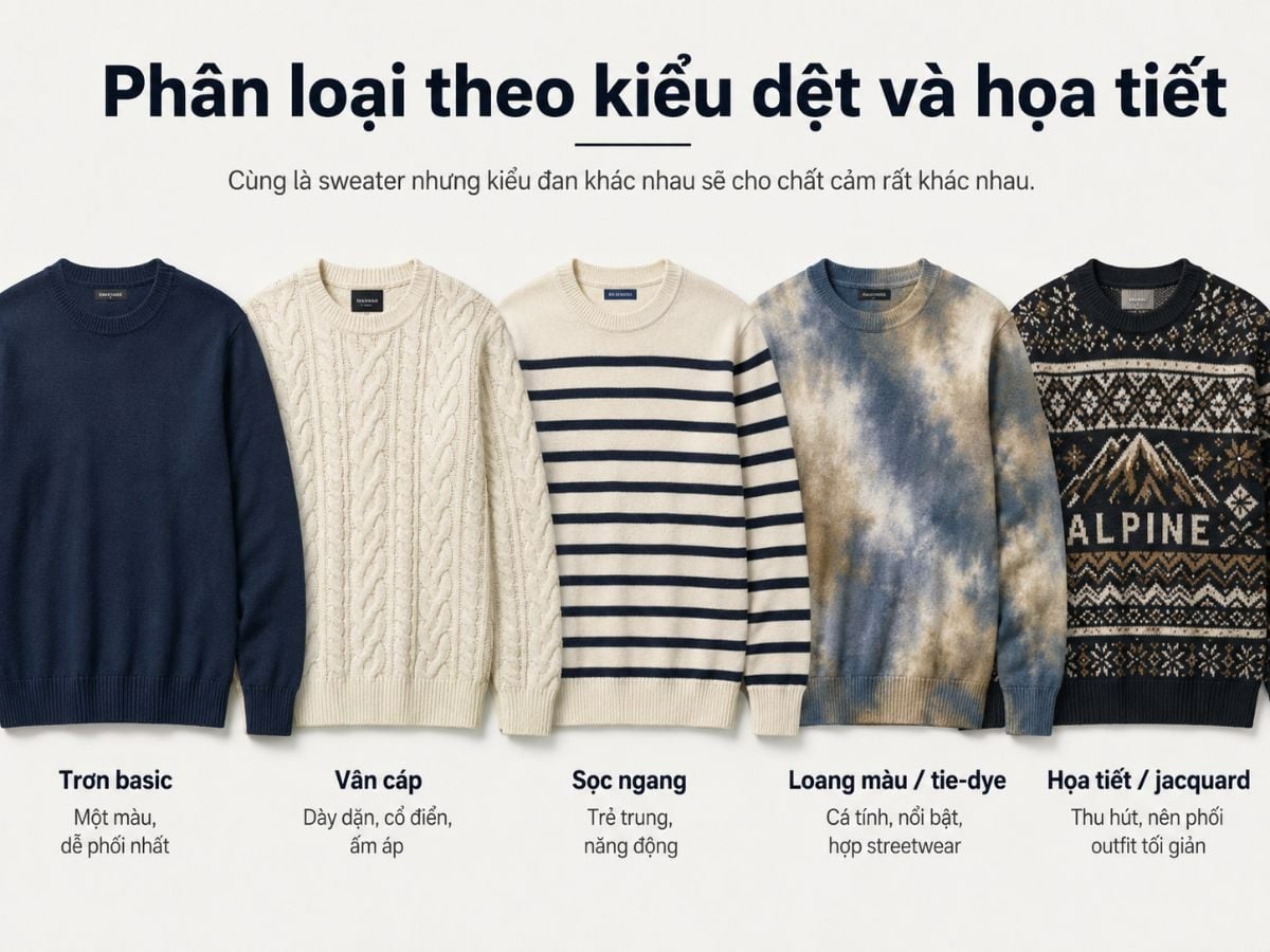 Các loại áo sweater theo kiểu dệt: trơn basic, vân cáp, sọc ngang, loang màu