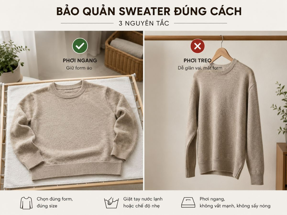 Cách phơi áo sweater nằm ngang trên mặt phẳng để không bị giãn vai