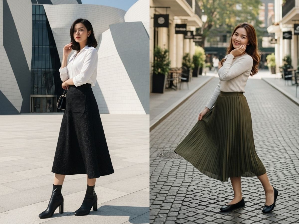 Chọn chân váy midi cho phong cách smart casual nữ