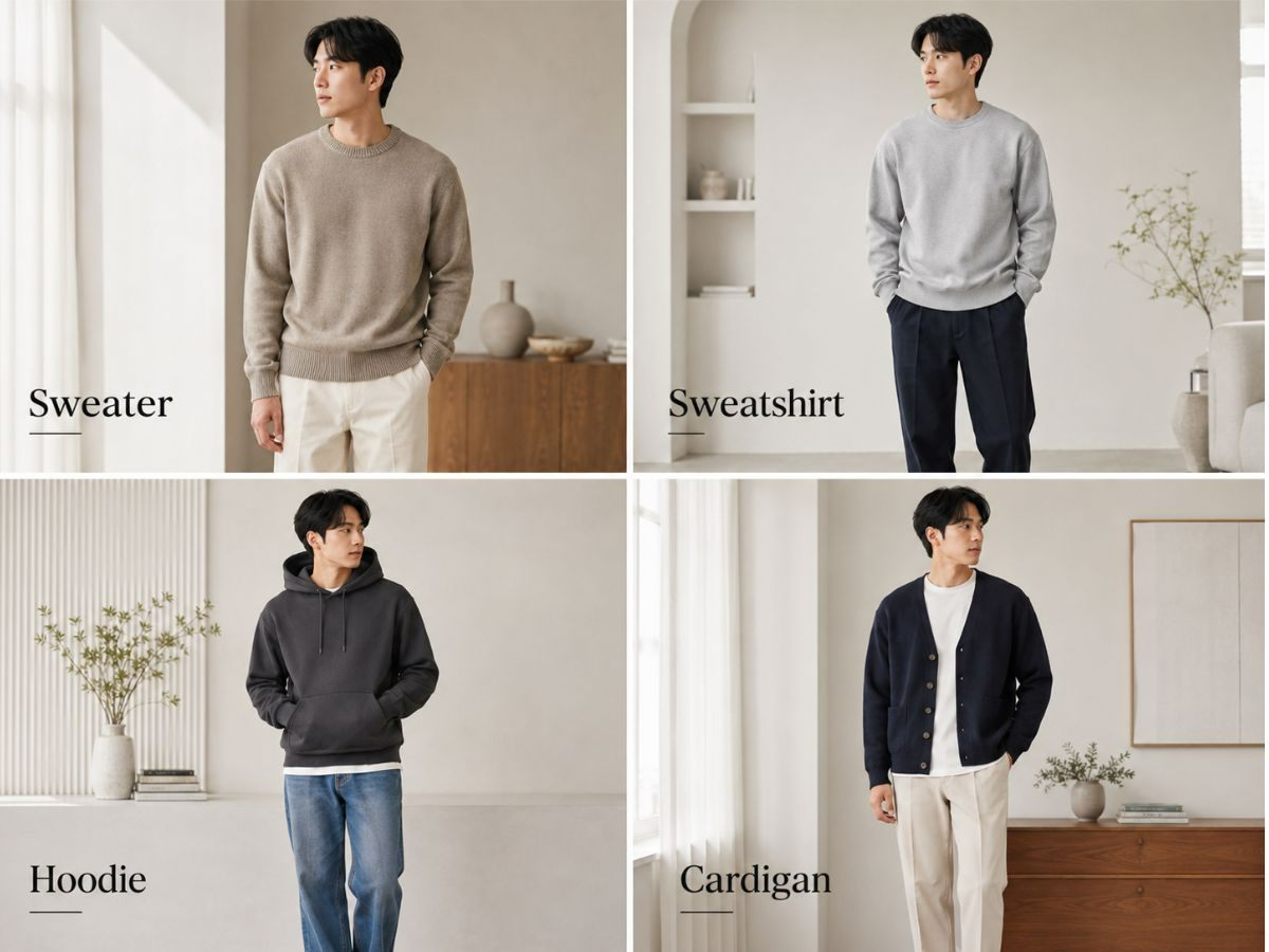 Phân biệt áo sweater, sweatshirt, hoodie và cardigan