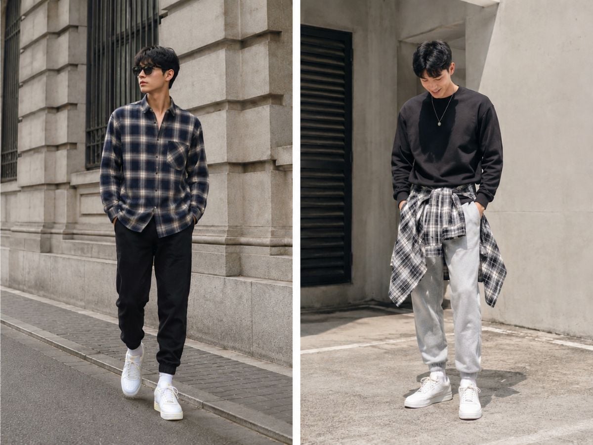 Flannel caro phối jogger đơn sắc mang hơi hướng streetstyle bụi bặm