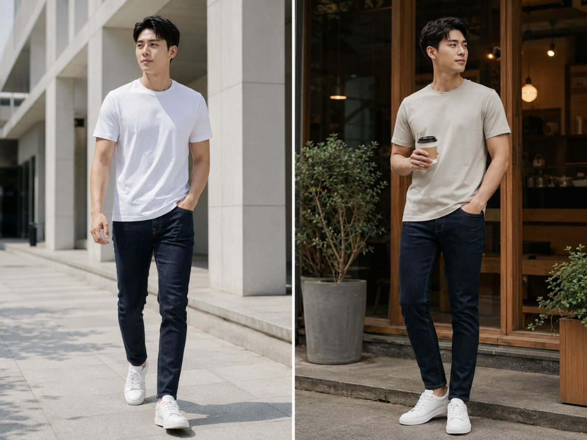 Slim fit jean phối áo regular giúp tổng thể gọn gàng nam tính