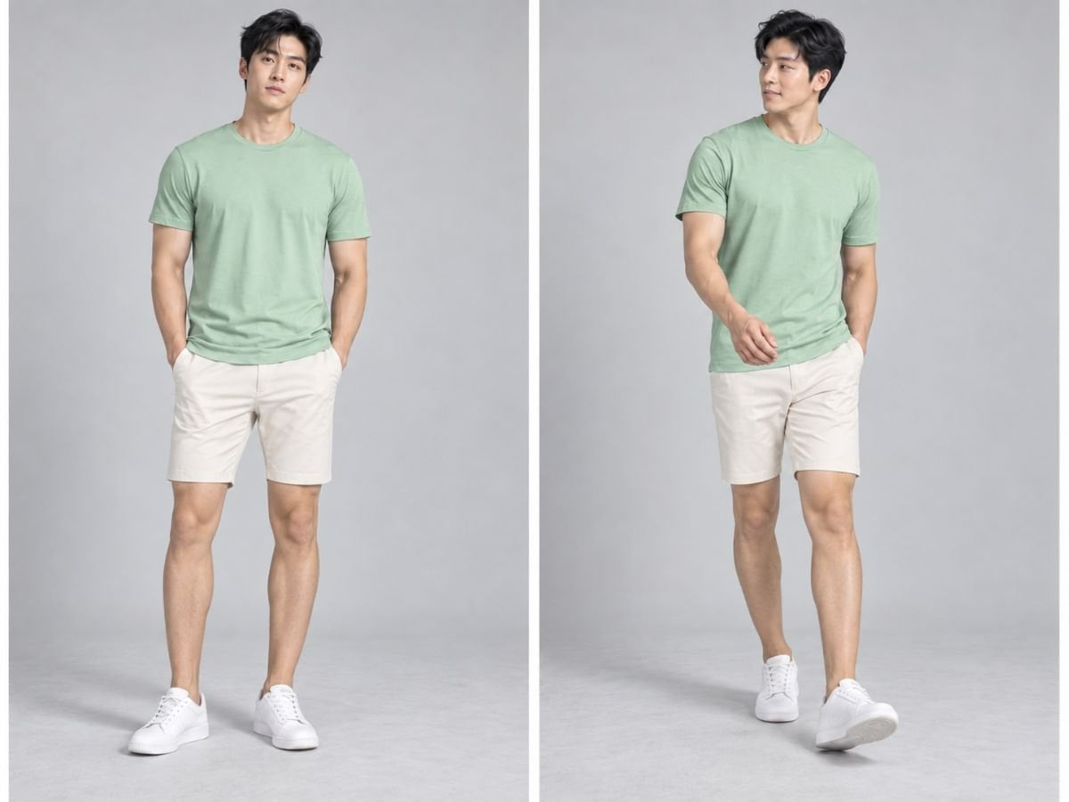 Áo thun xanh mint + short kem + sneaker trắng