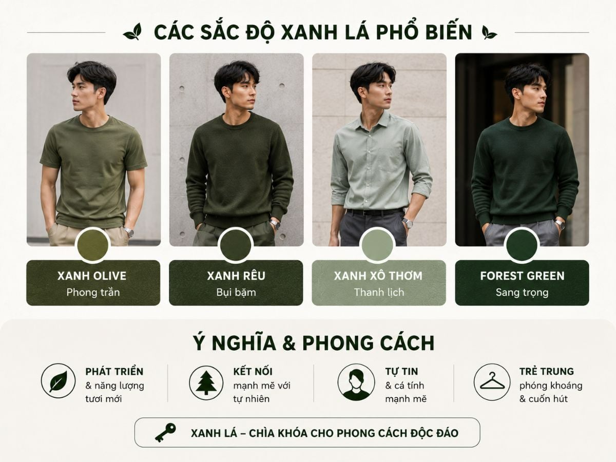 Xanh olive, xanh rêu, xanh xô thơm và xanh lá đậm là những sắc độ dễ ứng dụng trong tủ đồ nam