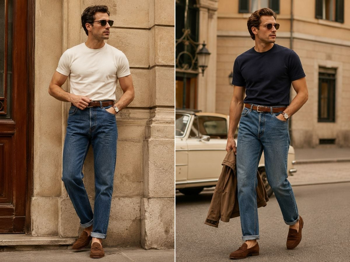 Áo thun sơ vin cùng jean ống đứng tạo vẻ ngoài retro thanh lịch