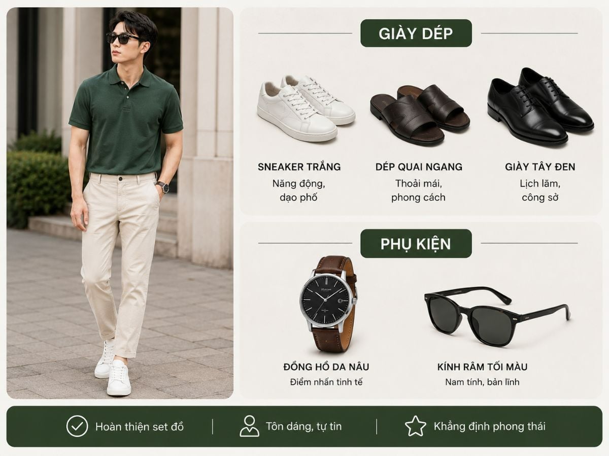 Giày trắng, giày da đen/nâu và phụ kiện tối giản là những lựa chọn dễ kết hợp với áo xanh lá