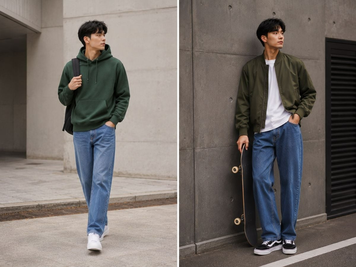 Quần jean xanh giúp áo xanh lá giữ được vẻ casual dễ mặc