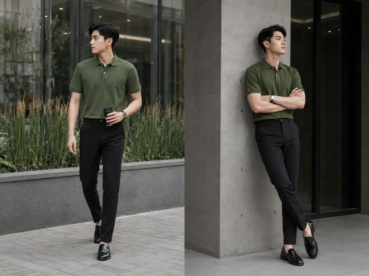 Xanh rêu và quần đen phù hợp với những outfit cần sự gọn gàng, hiện đại