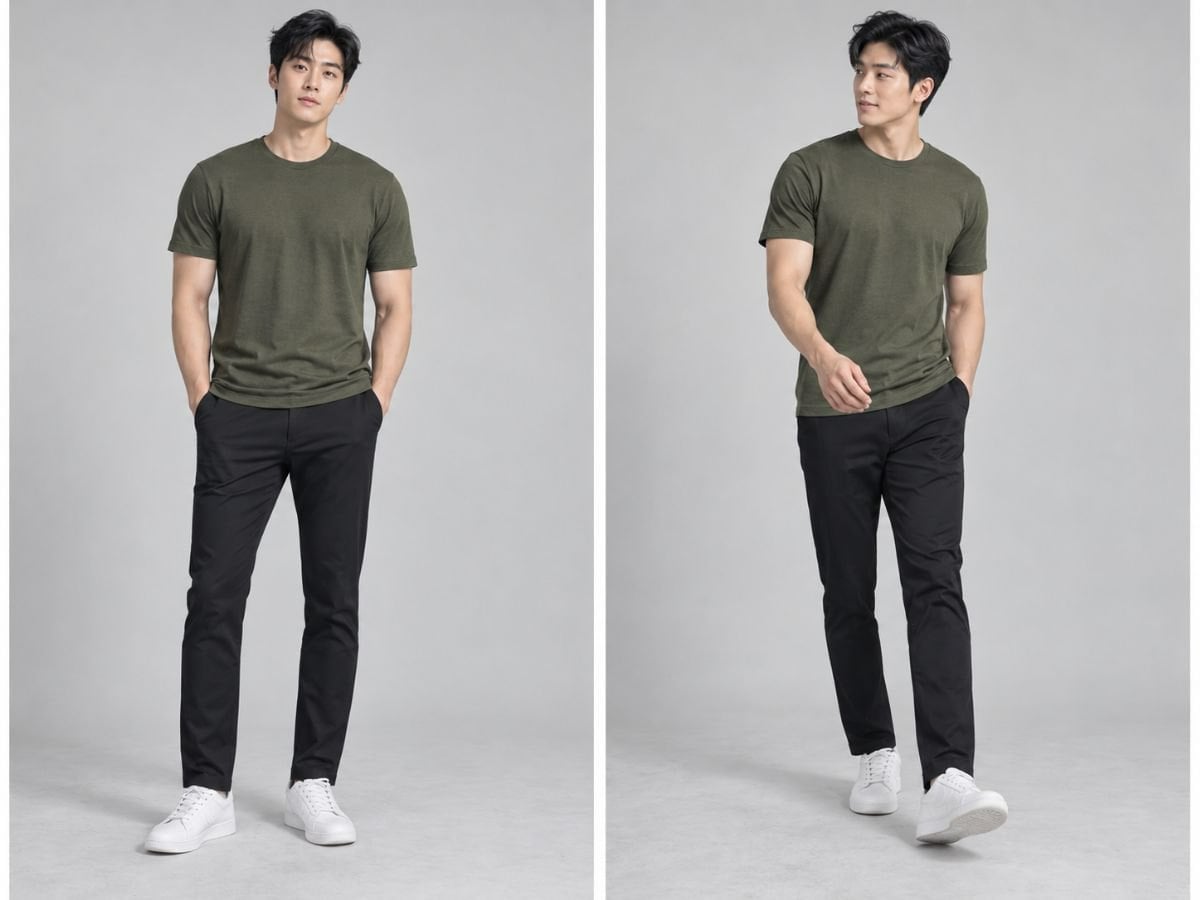 Áo thun olive + chinos đen + sneaker trắng