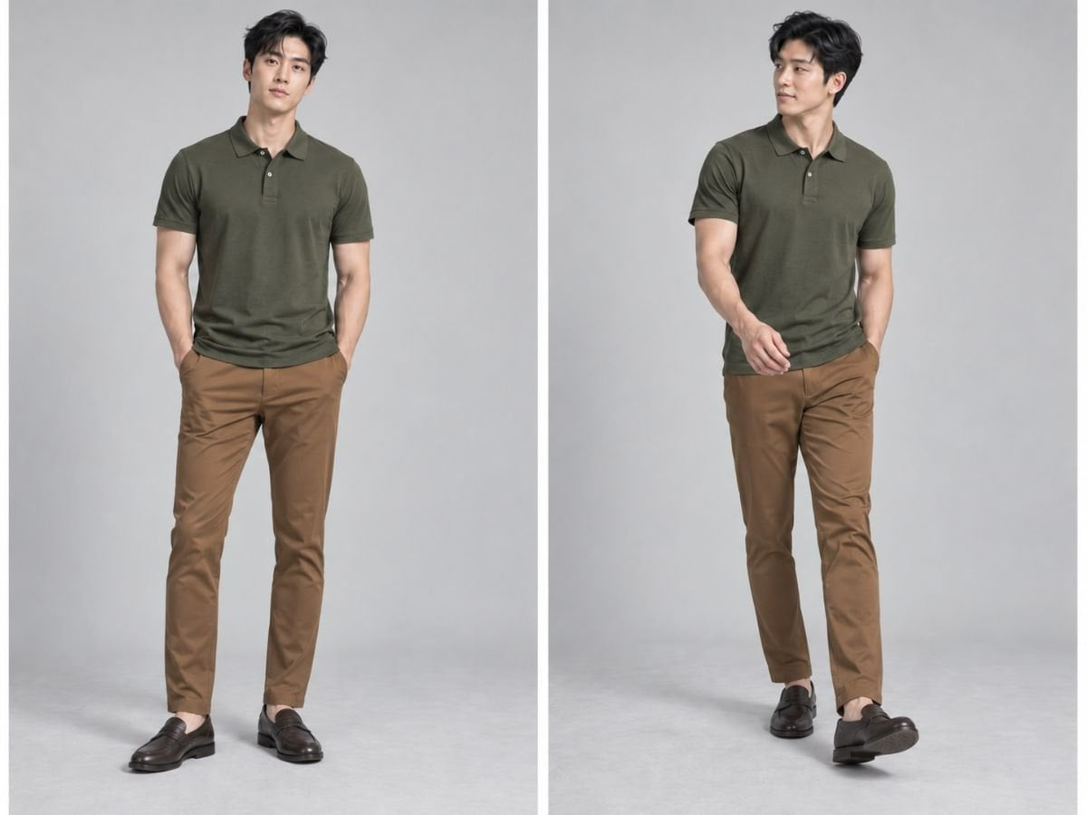 Polo olive + quần nâu caramel + loafer nâu sẫm