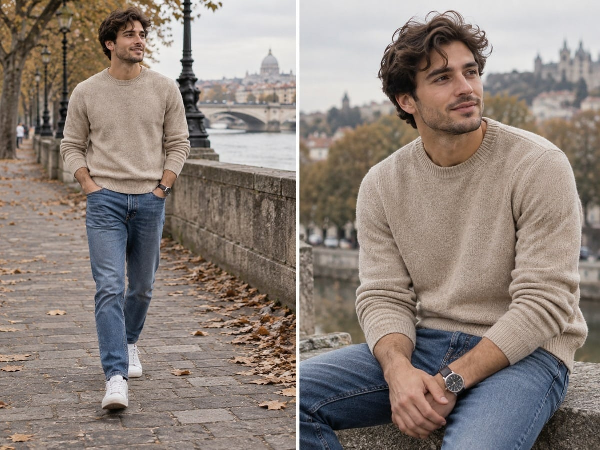 Áo sweater là gì - nam mặc áo sweater cổ tròn màu be phối quần jeans
