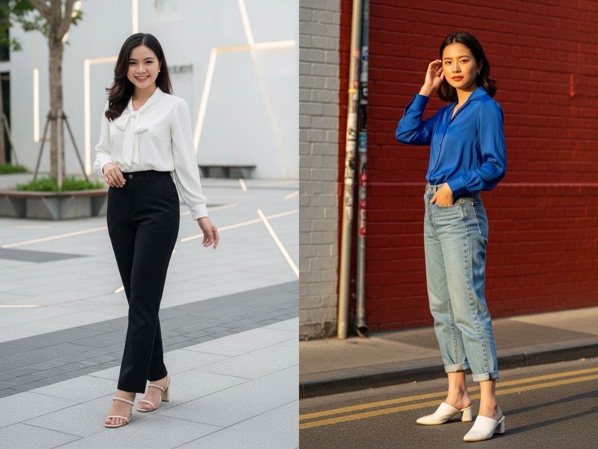 Phối đồ với áo sơ mi lụa và áo blouse