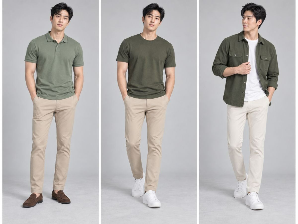 Xanh olive và be là cặp màu trung tính có độ ấm vừa phải, phù hợp nhiều hoàn cảnh