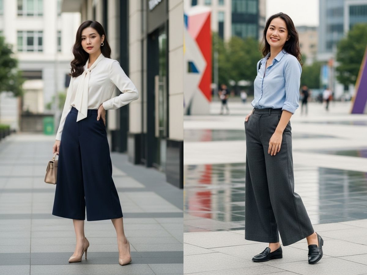 Quần tây dáng suông với áo blouse hoặc sơ mi