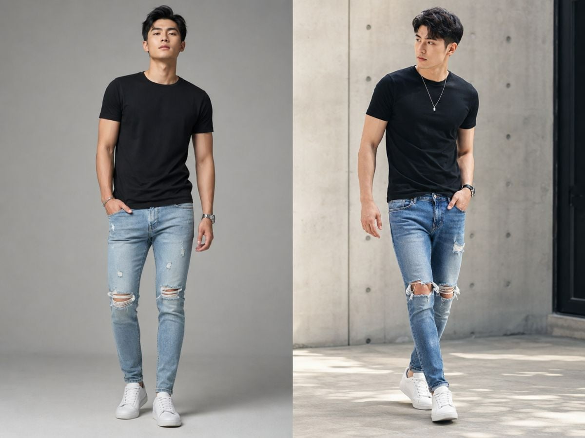 Jean rách phối áo basic giúp outfit nổi bật và phong cách