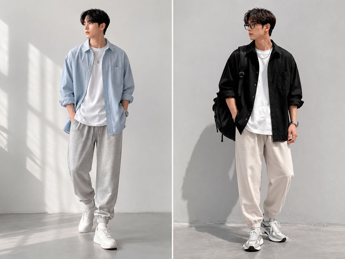 Sơ mi oversize phối jogger tạo outfit layer lãng tử, hiện đại
