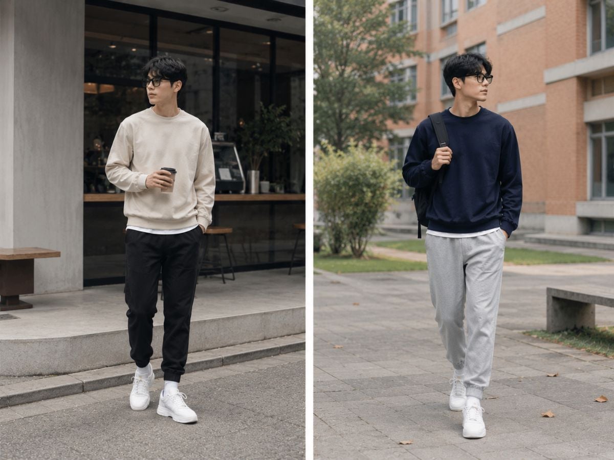 Sweater cùng jogger mang lại vẻ ngoài tối giản, gọn gàng