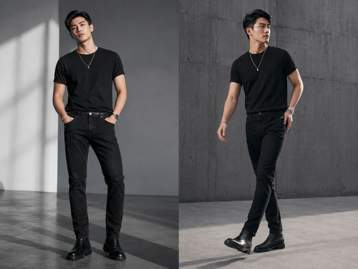 All black với jean đen và áo thun đen tạo vẻ ngoài cool ngầu