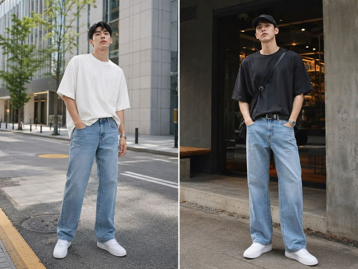 Jean ống suông và áo oversize mang đậm tinh thần streetwear