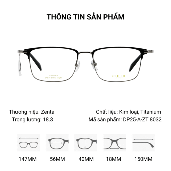 Zenta DP25-A-ZT8032 Gọng Kính Nửa Khung