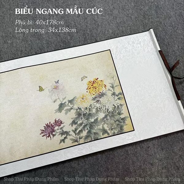 Biểu liễn lụa nền tranh sơn thủy mẫu ngang 40x178cm
