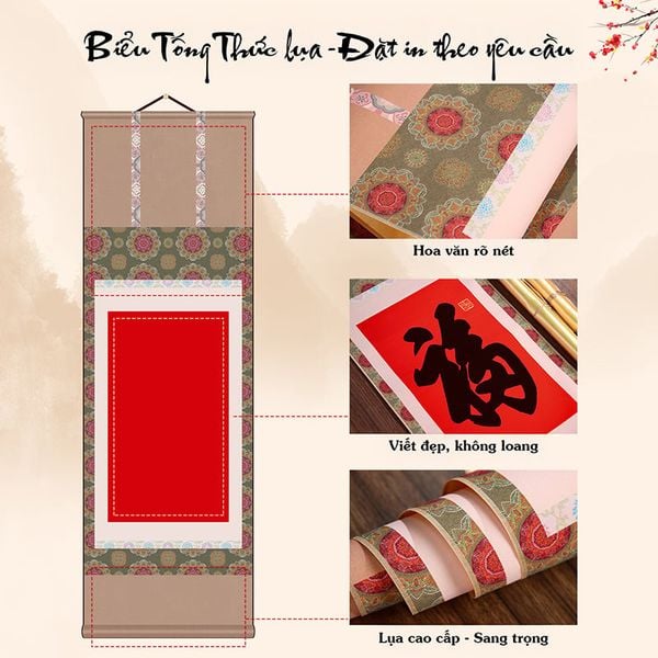 Biểu liễn lụa Tống Thức 2 mặt lụa trục gỗ 32x95cm hoa văn bo viền nhiều lớp sang trọng
