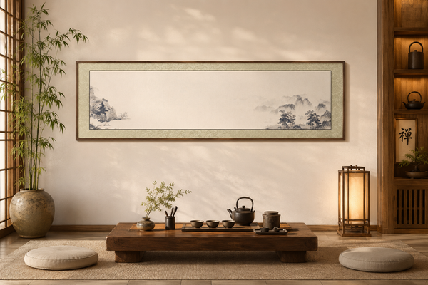 Giấy in tranh bồi lụa viết thư pháp đóng khung 42x157cm