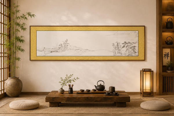 Giấy in tranh bồi lụa viết thư pháp đóng khung 42x157cm