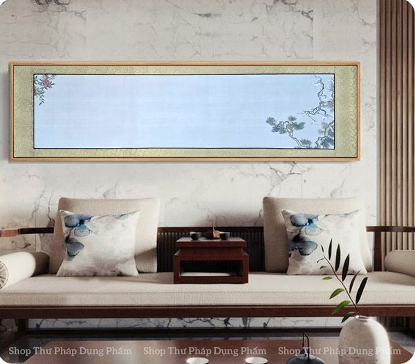 Giấy in tranh bồi lụa viết thư pháp đóng khung 42x157cm