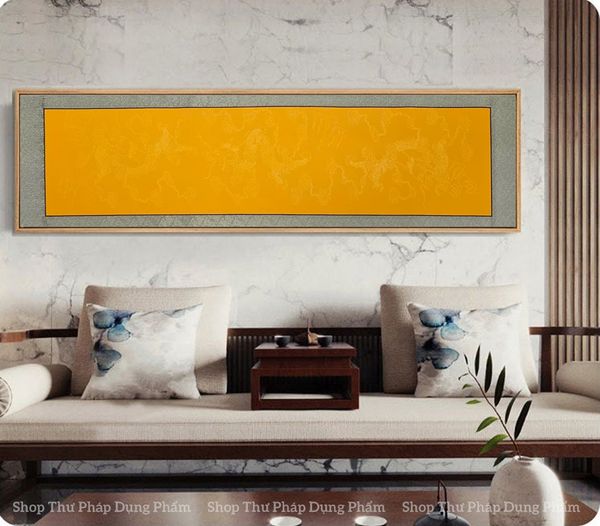 Giấy in tranh bồi lụa viết thư pháp đóng khung 42x157cm