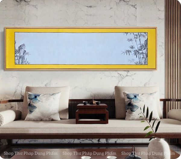 Giấy in tranh bồi lụa viết thư pháp đóng khung 42x157cm