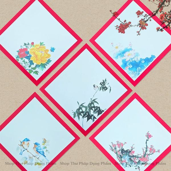 Giấy thư pháp in tranh 2 lớp hình quả trám cạnh 15x15cm