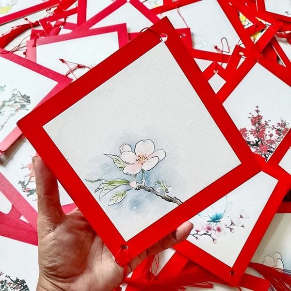 Giấy thư pháp in tranh 2 lớp hình quả trám cạnh 15x15cm