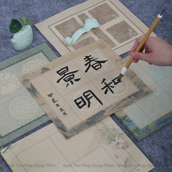 Giấy xuyến chỉ cổ nhã in tranh Tứ Ngôn Cát Ngữ 23x27cm - Set 20 tờ