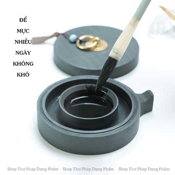 Nghiên mực đá nguyên khối 2 lòng kết hợp gác bút tránh bay hơi nước và khô mực