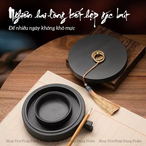 Nghiên mực đá nguyên khối 2 lòng kết hợp gác bút tránh bay hơi nước và khô mực