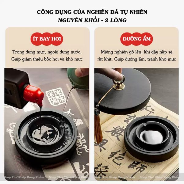 Nghiên mực đá nguyên khối 2 lòng tránh bay hơi nước và khô mực